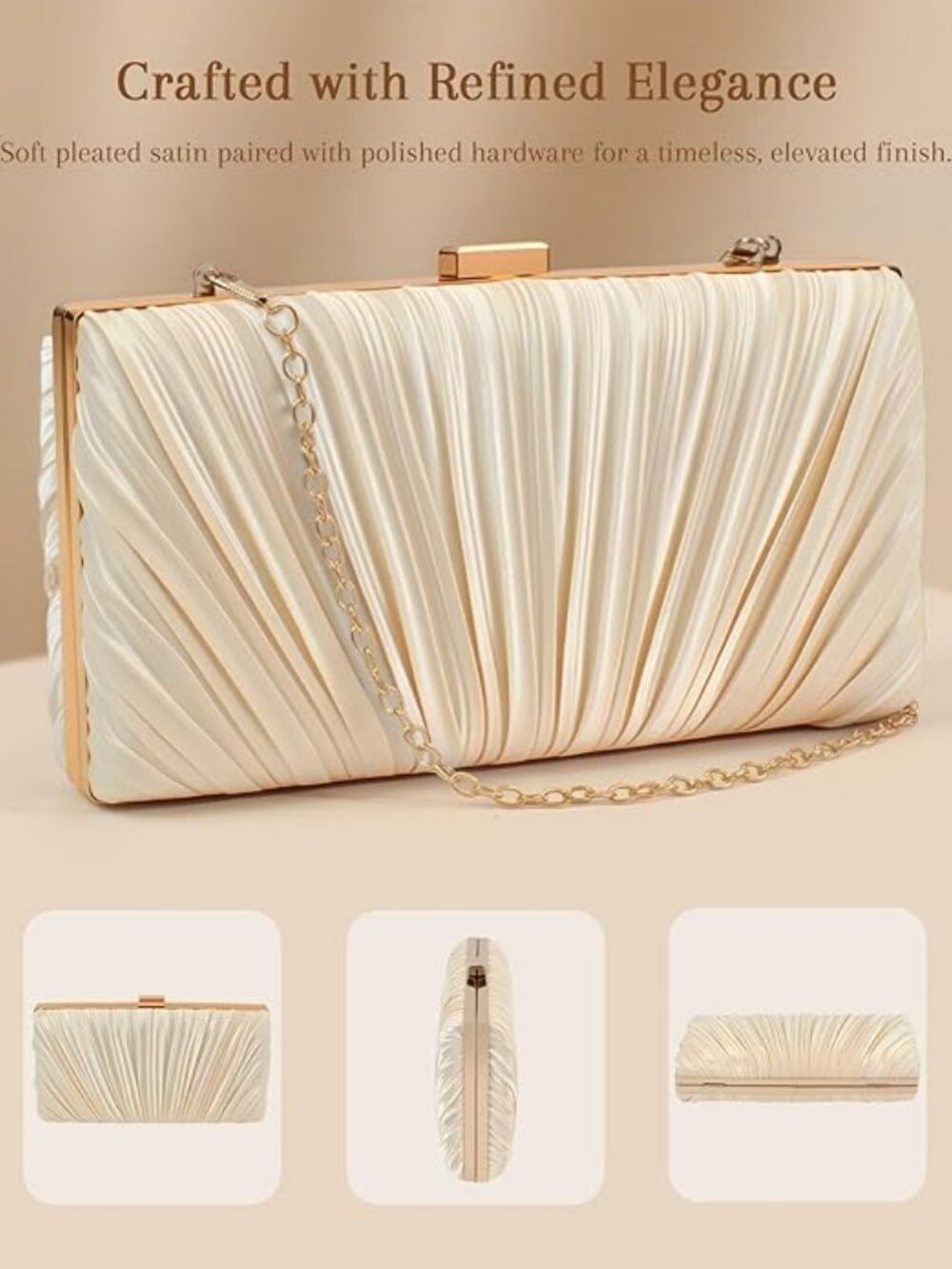 Champagne Scalloped Satin Evening Clutch - Picture 1 of 5